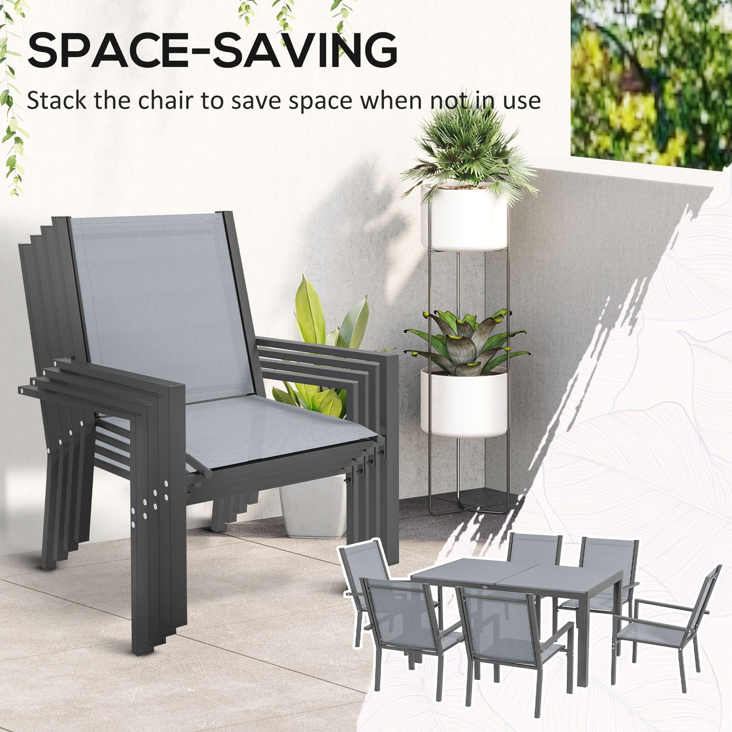 Outsunny 7 Pieces Garden Dining Set with Wood-plastic Composite Dining Table, Outdoor Table and 6 Stackable Armchairs with Breathable Mesh Fabric Seats and Backrest, Light Grey