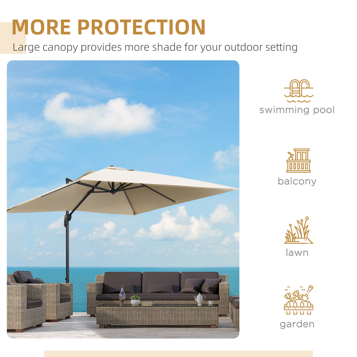 Outsunny 2.7m Square Overhanging Cantilever Umbrella, with Cross Base - Cream White