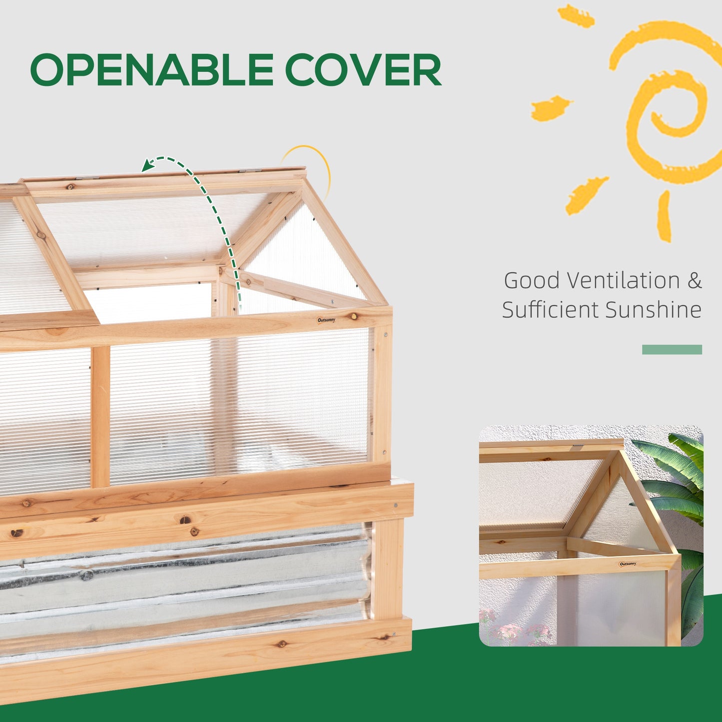 Outsunny Raised Garden Bed with Greenhouse Top, Garden Wooden Cold Frame Greenhouse Flower Planter Protection, 122x 61 x 81.7cm, Natural