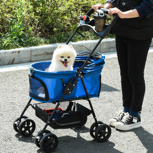 PawHut No-Zip Pet Stroller Dog Cat Travel Pushchair One-Click Fold Trolley Jogger with EVA Wheels Brake Basket Adjustable Canopy Safety Leash Blue Foldable Carriage