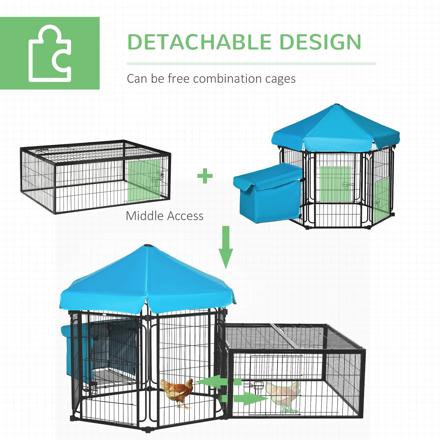 PawHut Steel Chicken Coop, Outdoor Hexagonal Hen House, Heavy-Duty Detachable Poultry Cage w/ Water-Resistant Canopy, Run, Nesting Box - Blue