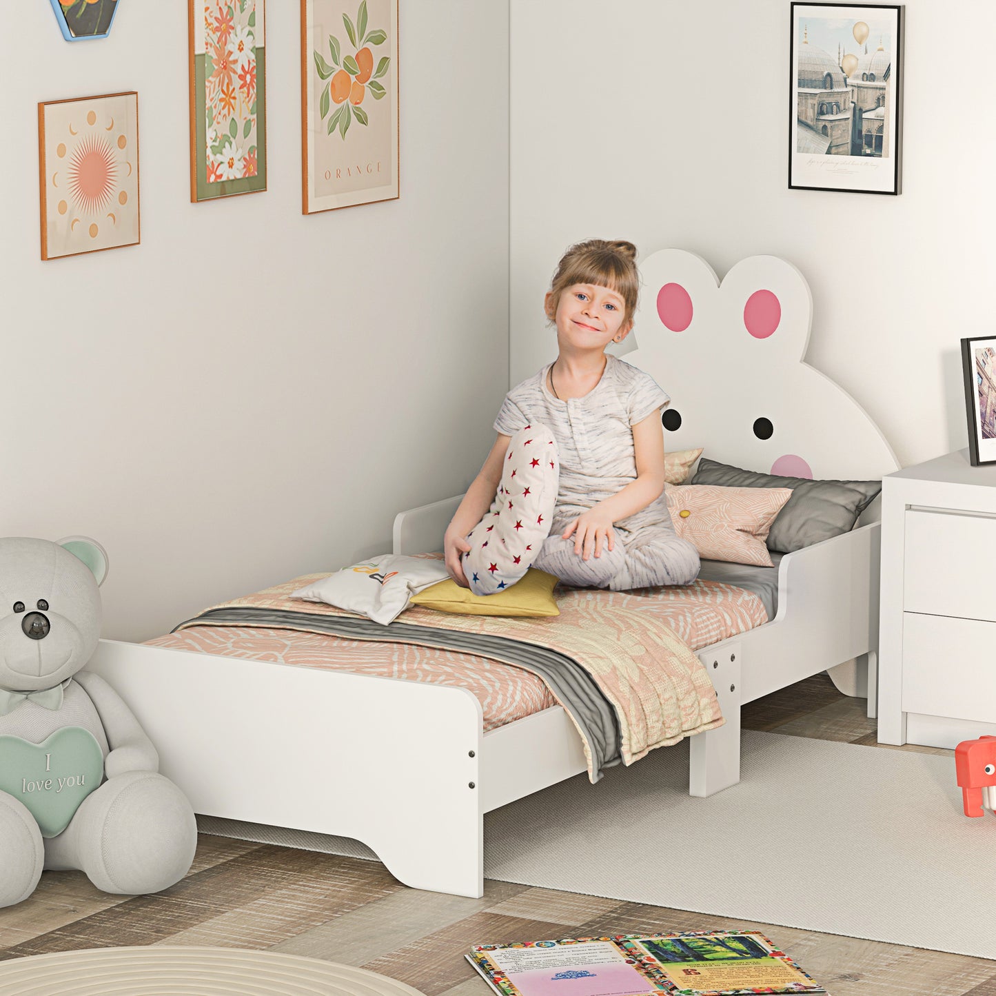 ZONEKIZ Toddler Bed Frame Rabbit Design White