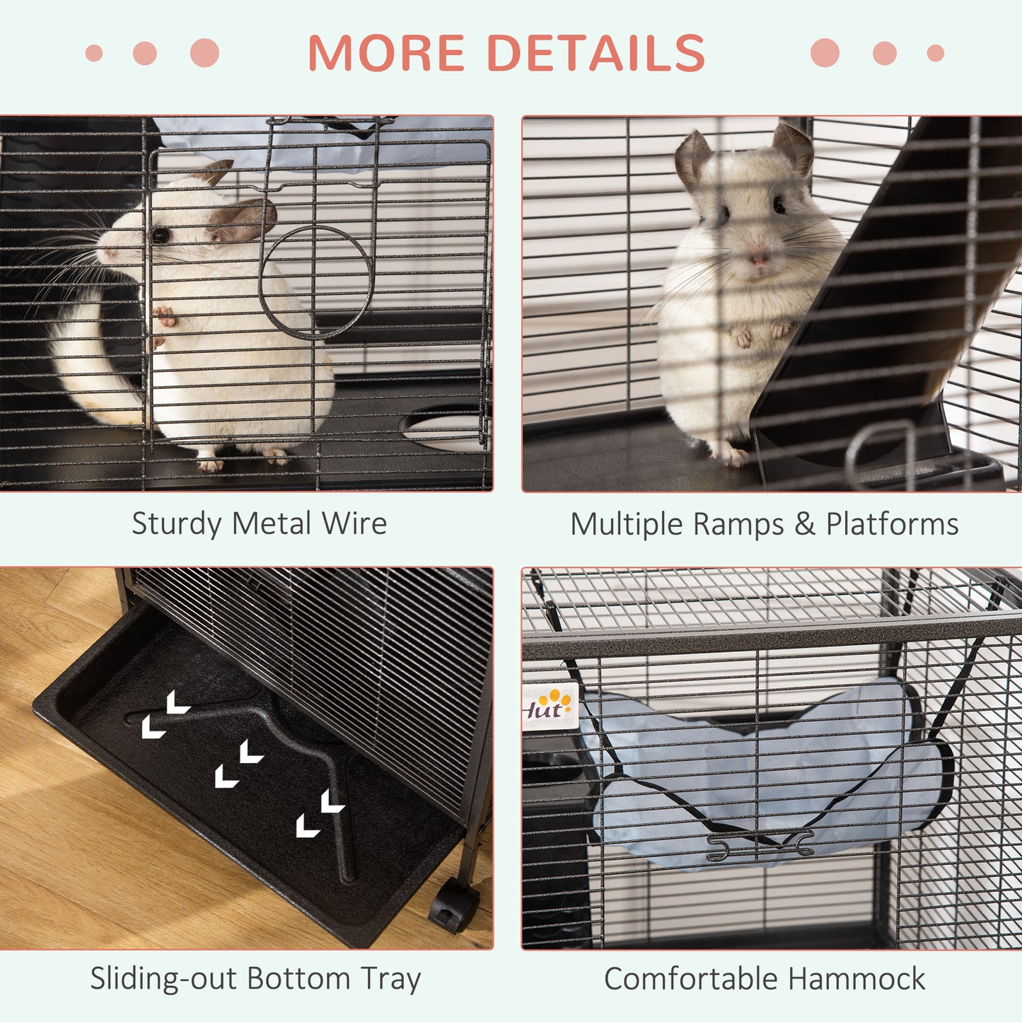 PawHut Small Animal Cage with Wheels Pet Home for Chinchillas, Ferrets, Kittens , Hammock, 4 Platforms and Removable Tray