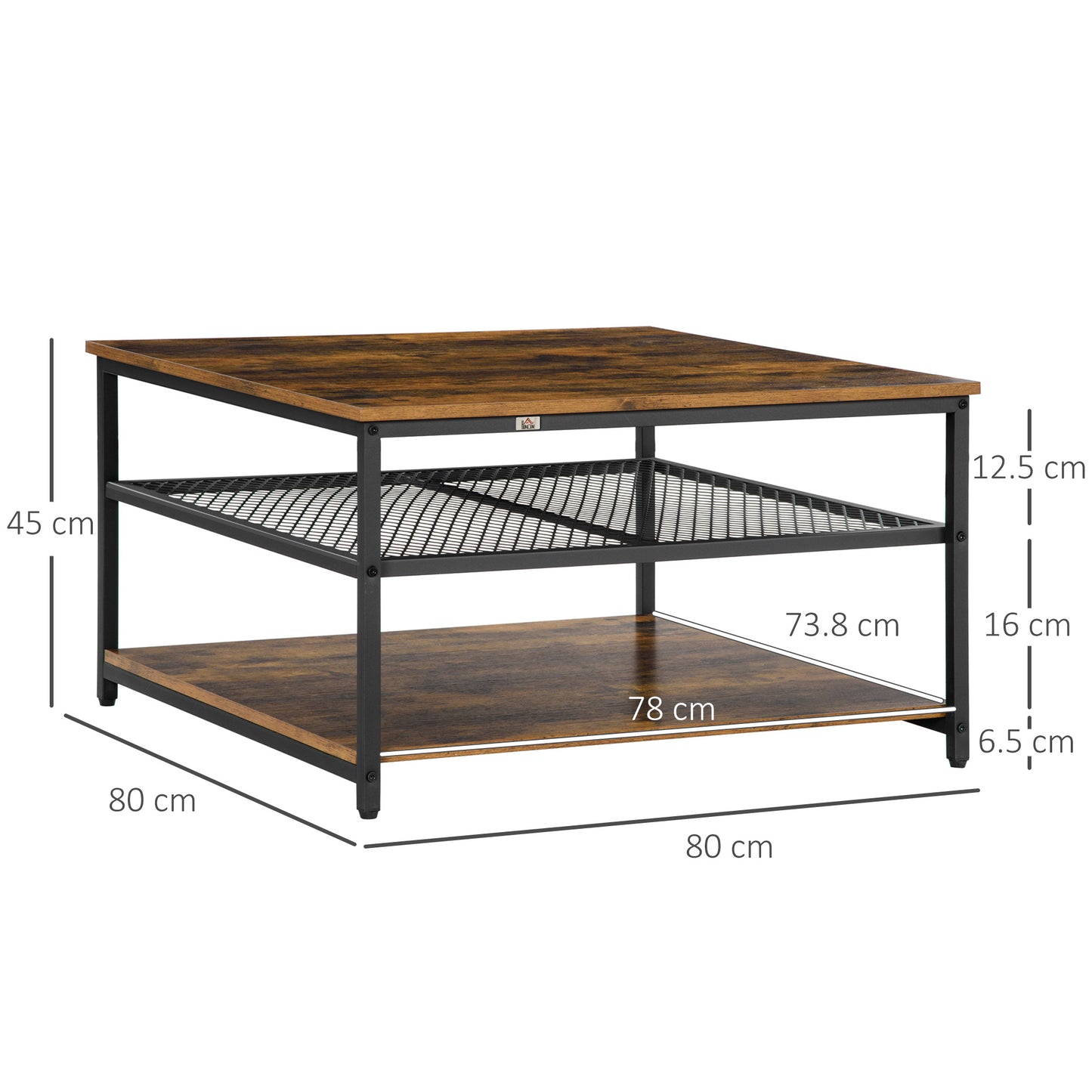 HOMCOM Industrial Coffee Table, Square Cocktail Table with 3-Tier Storage Shelves for Living Room, Rustic Brown