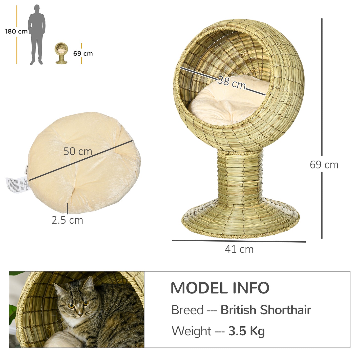 PawHut Raised Cat House, Natural Mat Grass Cat Bed, Kitten Cave with Stand Cushion, Detachable Top, Round, Yellow, Φ41x 71,5 cm