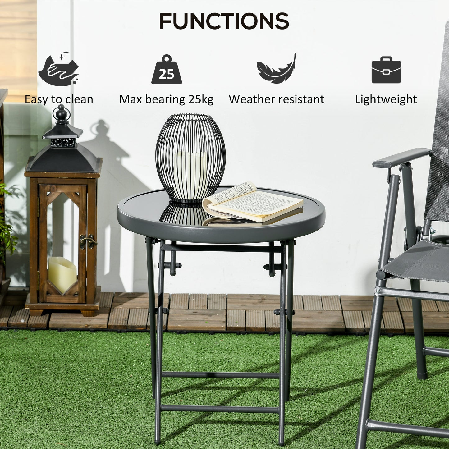 Outsunny Φ45cm Outdoor Side Table Round Folding Patio Table with Imitation Marble Glass Top Small Coffee Table