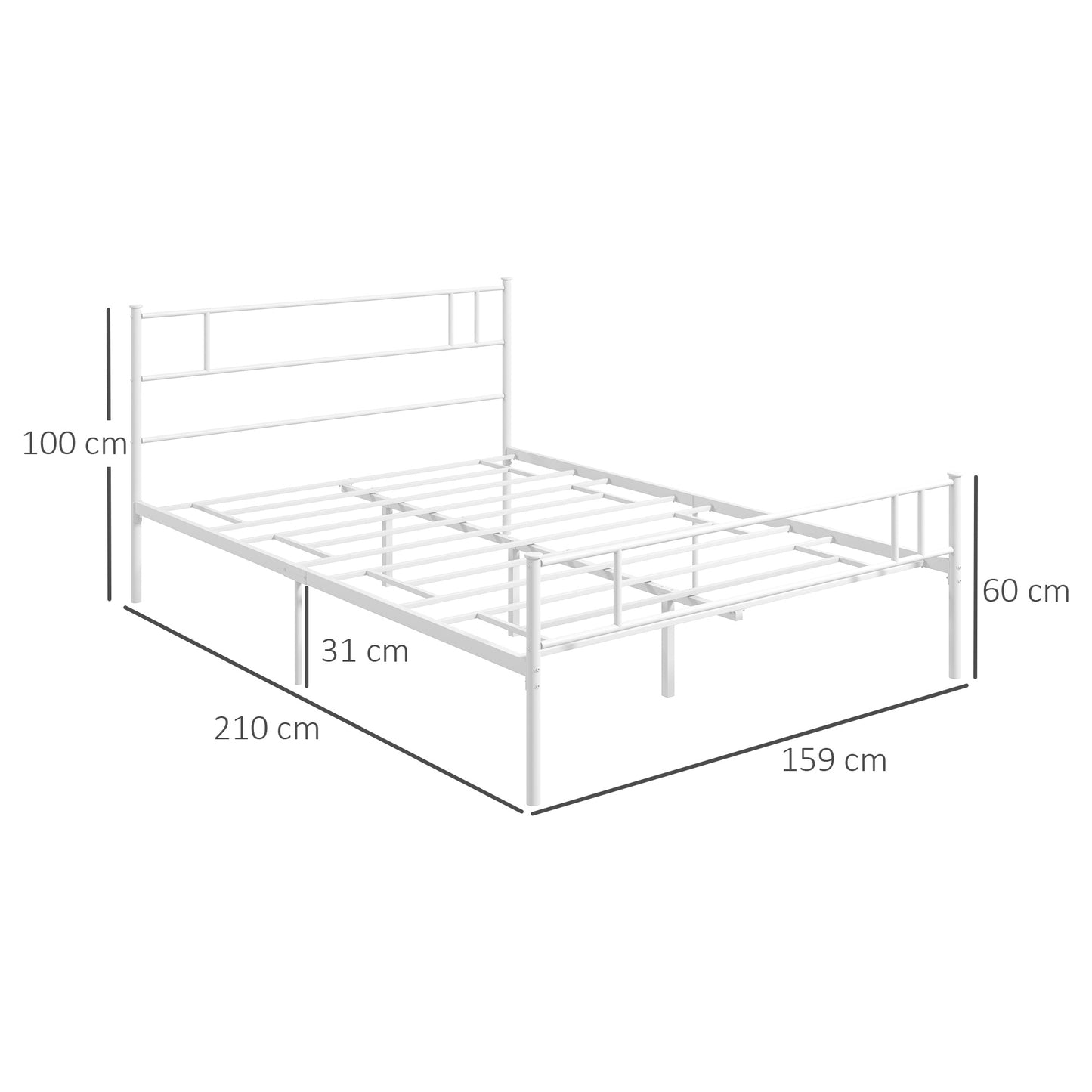 HOMCOM Double Metal Bed Frame Solid Bedstead Base with Headboard and Footboard, Metal Slat Support and Underbed Storage Space, Bedroom Furniture