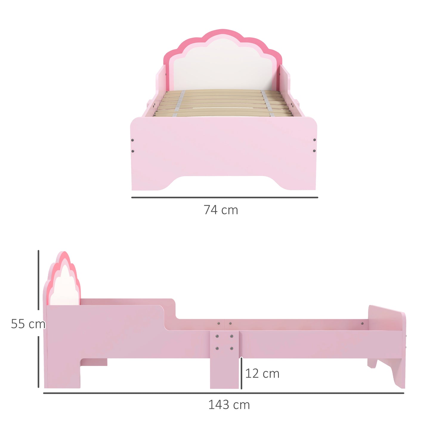 ZONEKIZ Toddler Bed Frame Princess Bed for Kids Cloud Design 143 x 74 x 55 cm Pink