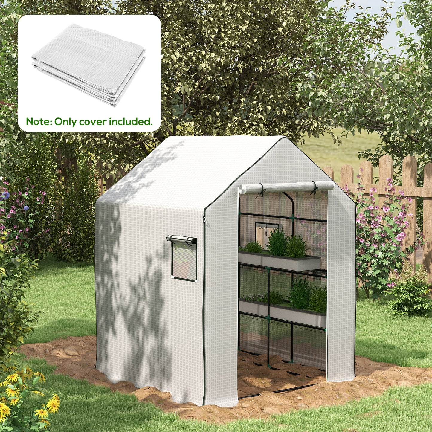 Outsunny Greenhouse Cover Replacement Walkin PE Hot House Cover with Rollup Door and Windows 140 x 143 x 190cm White
