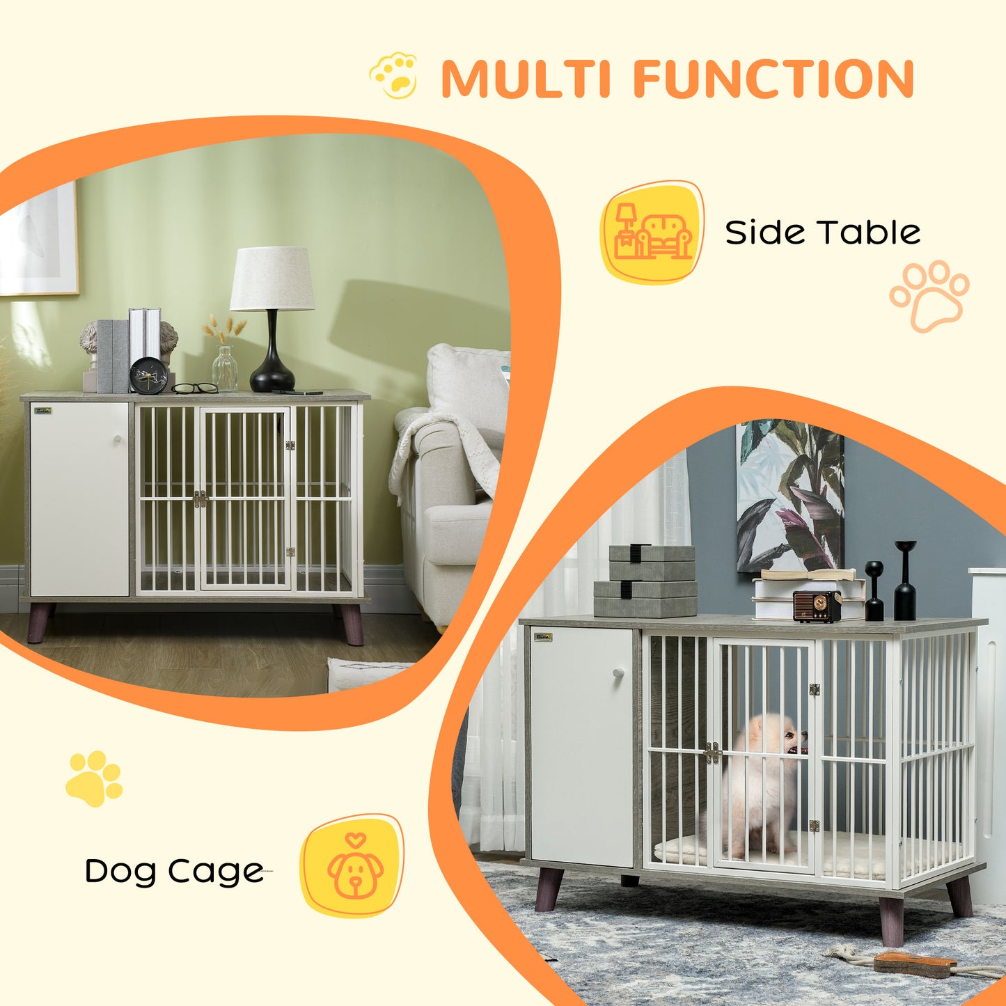 PawHut Dog Crate Furniture, Indoor Pet Kennel Cage, Top End Table w/ Soft Cushion, Lockable Door, for Small Dogs, 98 x 48 x 70.5 cm - Grey