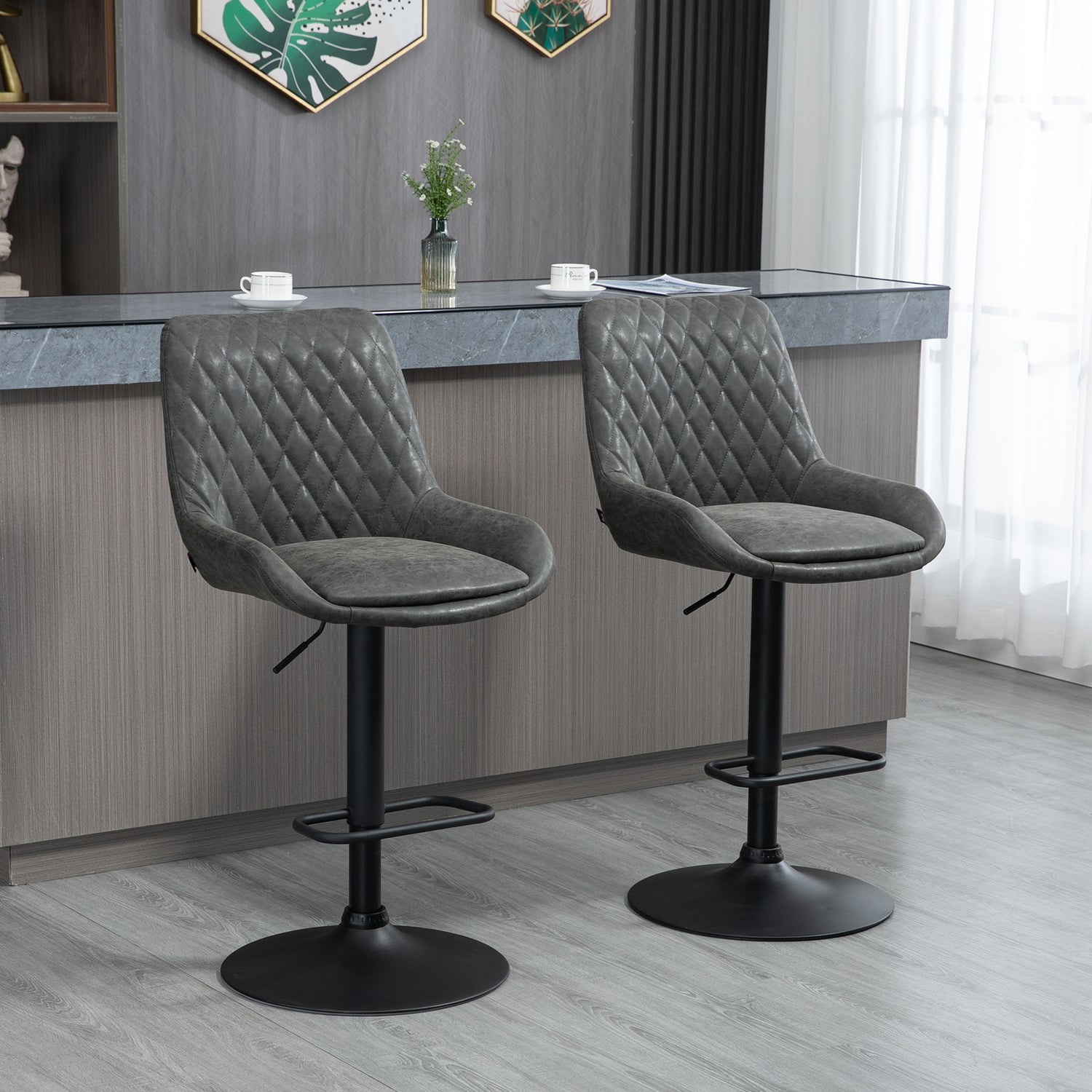 HOMCOM Breakfast Bar Stools Set Of 2 – PU Leather, Wood Legs, Black Modern Style