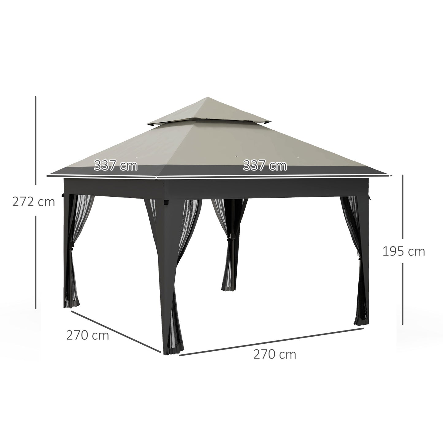 Outsunny 3 x 3(m) Pop Up Gazebo with Mosquito Netting, 1 Person Easy up Marquee Party Tent with 1-Button Push, Double Roof, Carry Bag, Sandbags, Height Adjustable Instant Shelter, Grey