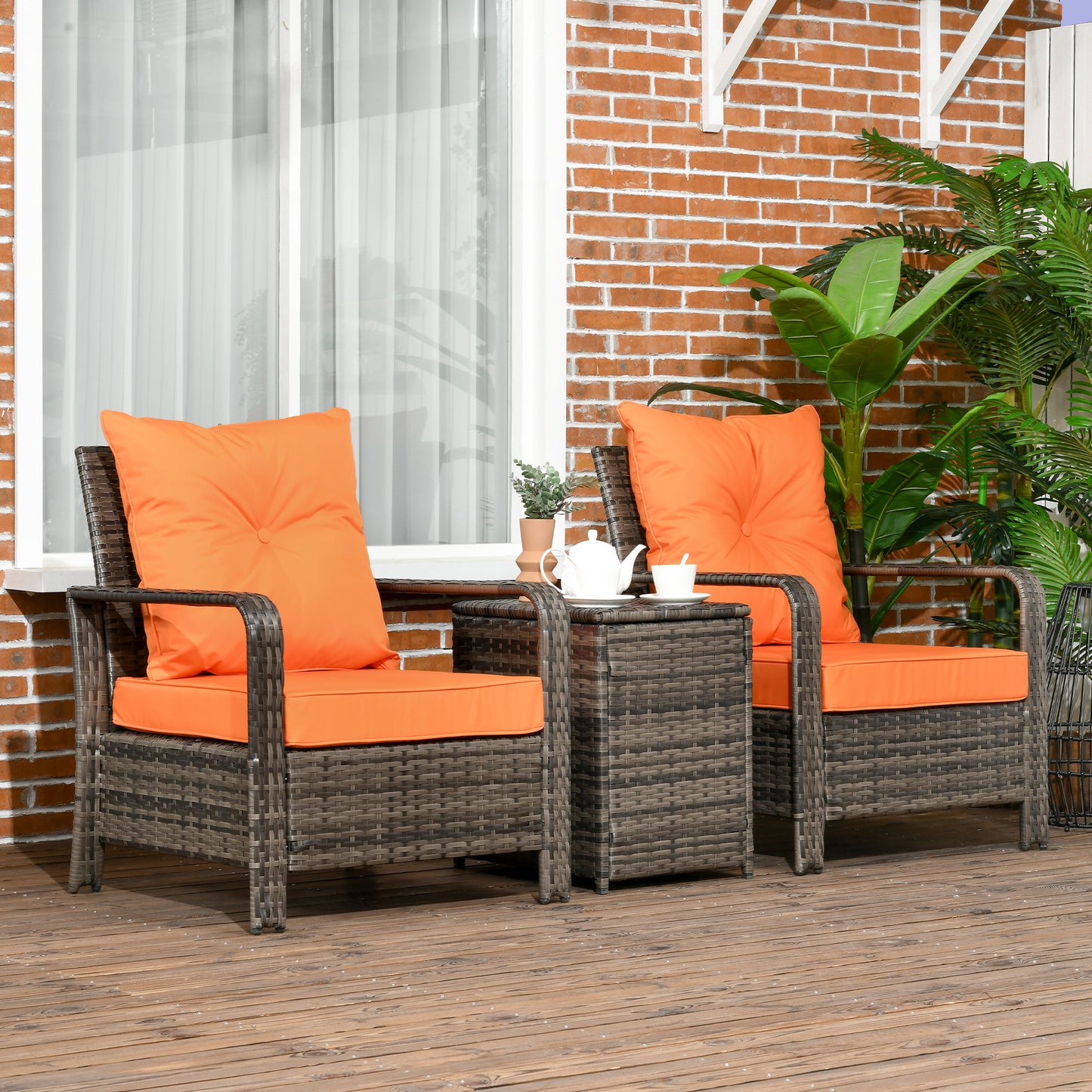 Outsunny 3 pcs PE Rattan Wicker Garden Furniture Patio Bistro Set Weave Conservatory Sofa Storage Table and Chairs Set Orange Cushion, Mixed Grey