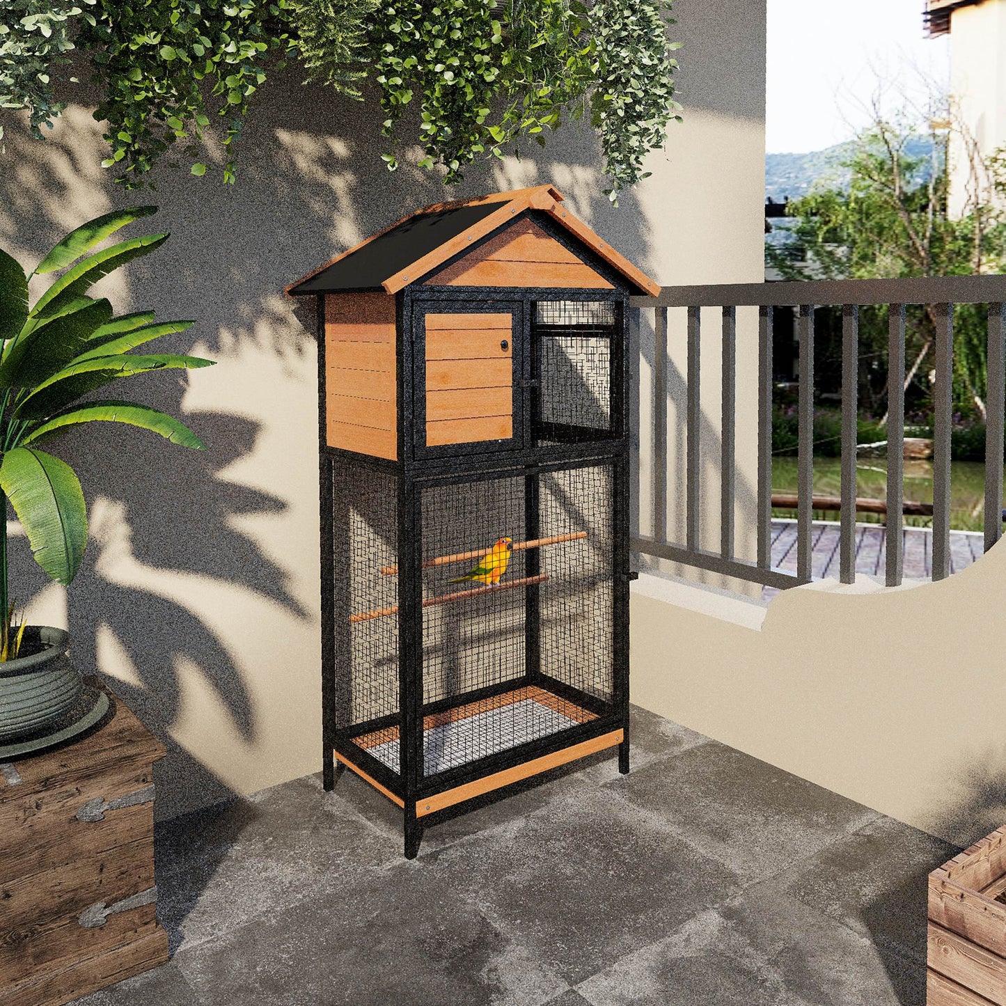 PawHut Wood & Steel Bird Cage, with Standing Pole, Nest and Slide-Out Tray - Natural Finish