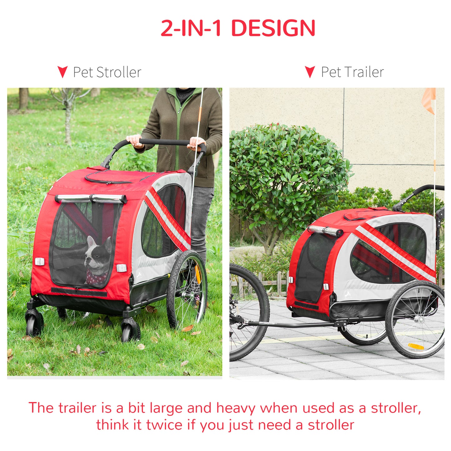 PawHut Dog Bike Trailer 2-in-1 Pet Stroller Cart Bicycle Carrier Attachment for Travel in steel frame with Universal Wheel Reflectors Flag Red w/