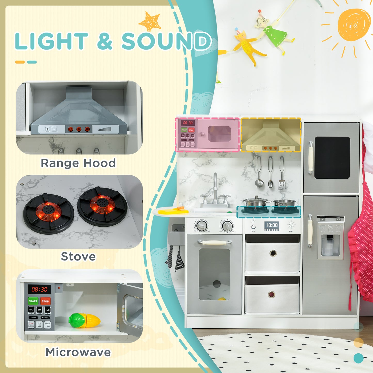 AIYAPLAY Toy Kitchen with Lights Sounds Apron and Chef Hat Ice Maker Microwave for Ages 36 Years White