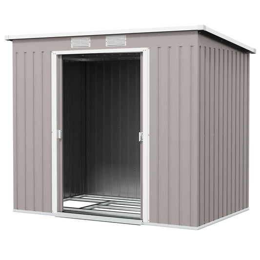Outsunny Outdoor Lean to Garden Metal Equipment Tool Storage Shed w/ Foundation Double Door Vents and Sloped Roof Grey