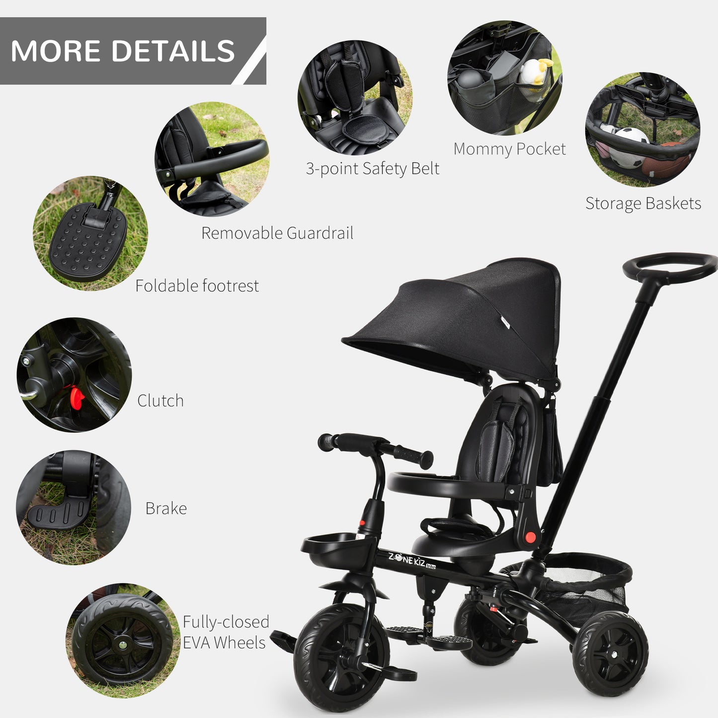 HOMCOM 4 in 1 Baby Tricycle Toddler Stroller Foldable Pedal Tricycle w/ Reversible Angle Adjustable Seat Removable for 1-5 Years - Black