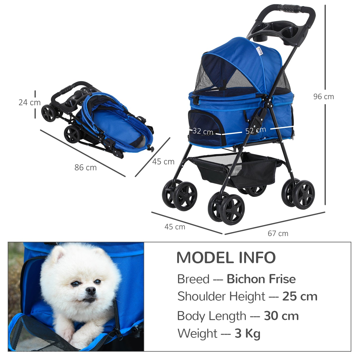 PawHut No-Zip Pet Stroller Dog Cat Travel Pushchair One-Click Fold Trolley Jogger with EVA Wheels Brake Basket Adjustable Canopy Safety Leash Blue Foldable Carriage