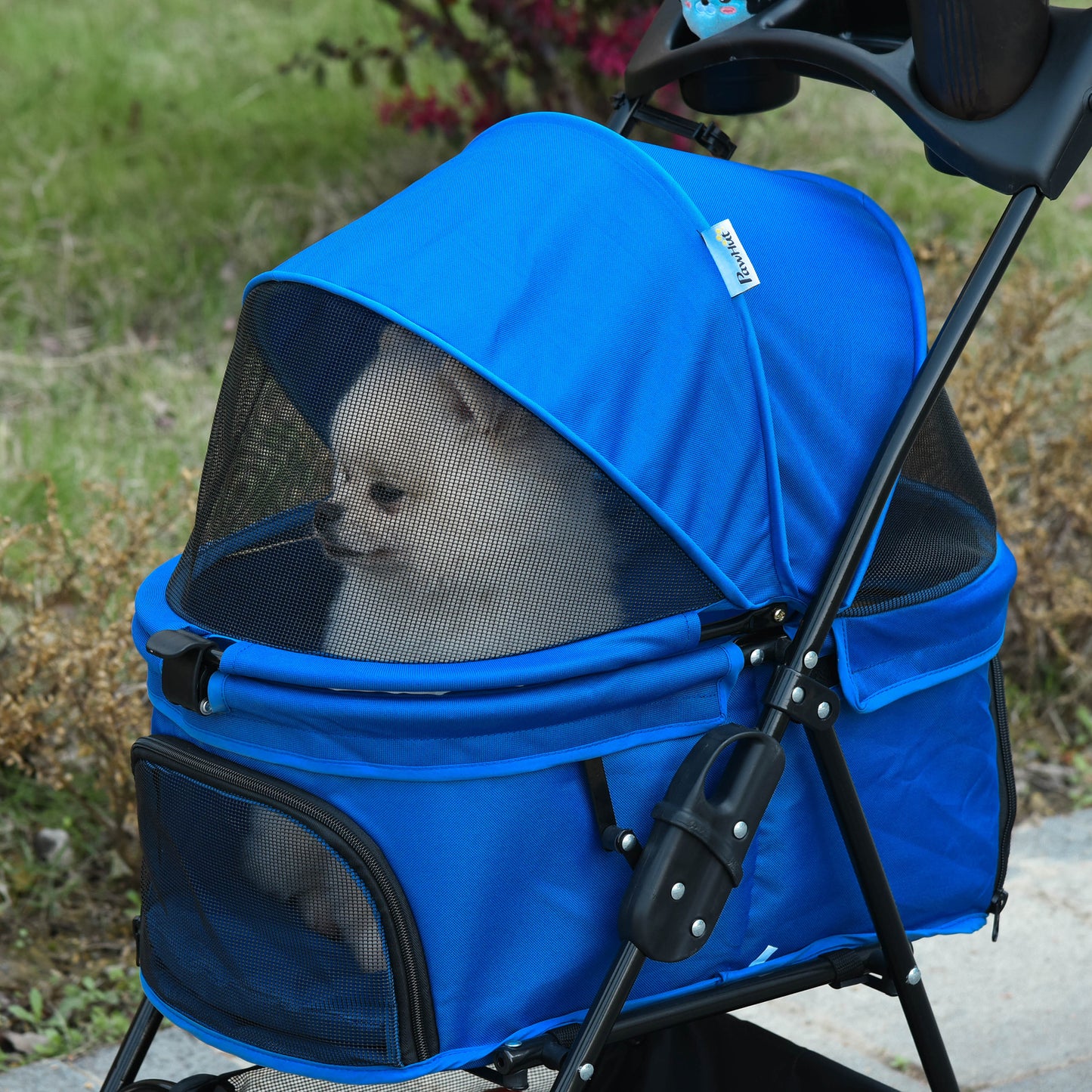 PawHut No-Zip Pet Stroller Dog Cat Travel Pushchair One-Click Fold Trolley Jogger with EVA Wheels Brake Basket Adjustable Canopy Safety Leash Blue Foldable Carriage