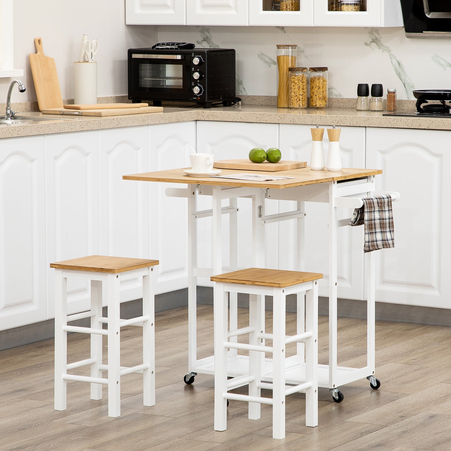 HOMCOM Kitchen Island Set with Stools, Bamboo Breakfast Cart