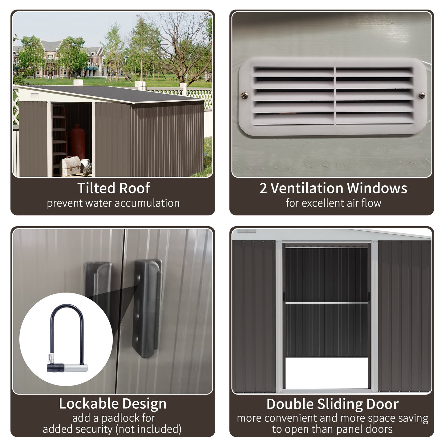 Outsunny 11.3 x 9.2ft Steel Garden Storage Shed Outdoor Metal Tool House with Double Sliding Doors & 2 Air Vents, Grey