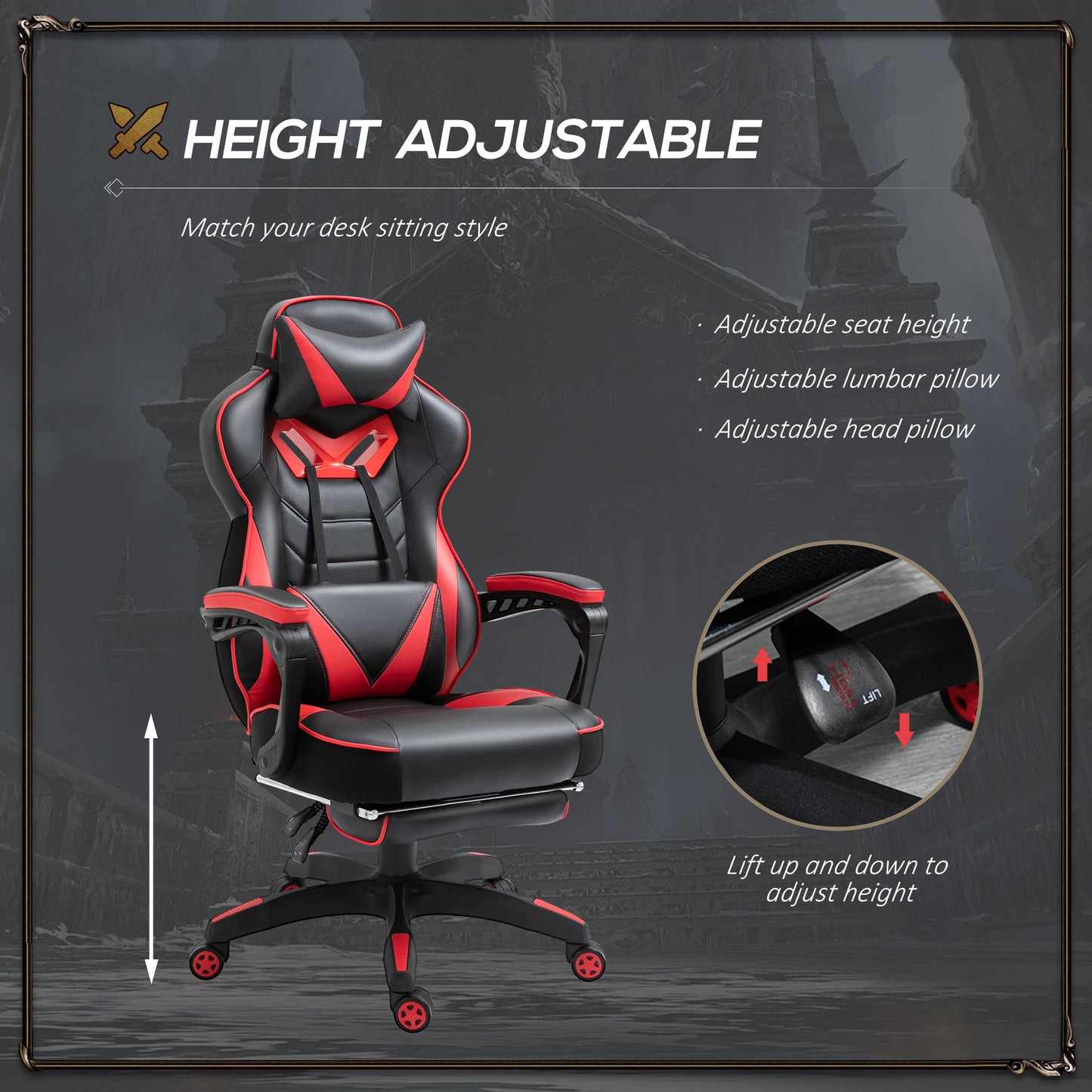 Vinsetto Ergonomic Racing Gaming Chair Office Desk Chair Adjustable Height Recliner with Wheels, Headrest, Lumbar Support, Retractable Footrest, Red