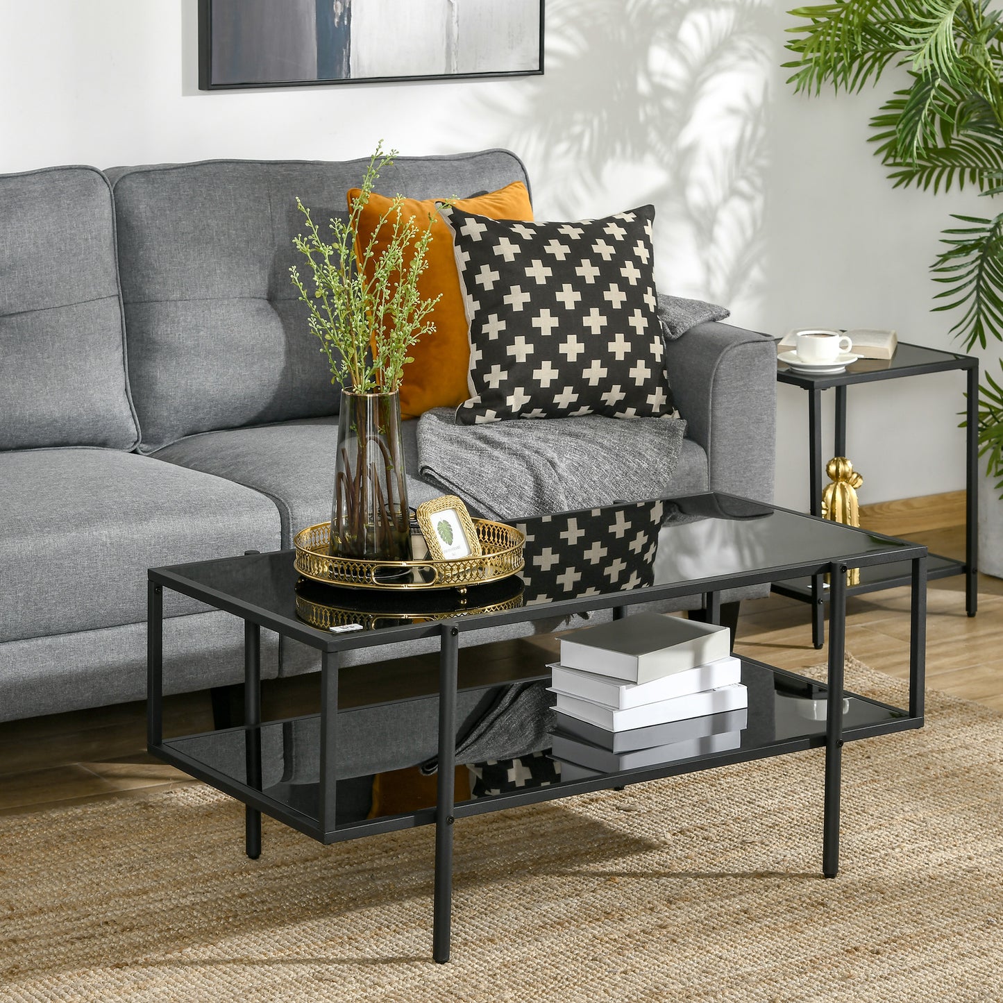 HOMCOM Modern Coffee Table with Tempered Glass Top, Cocktail Table with 2-Tier Storage and Steel Frame for Living Room, Black