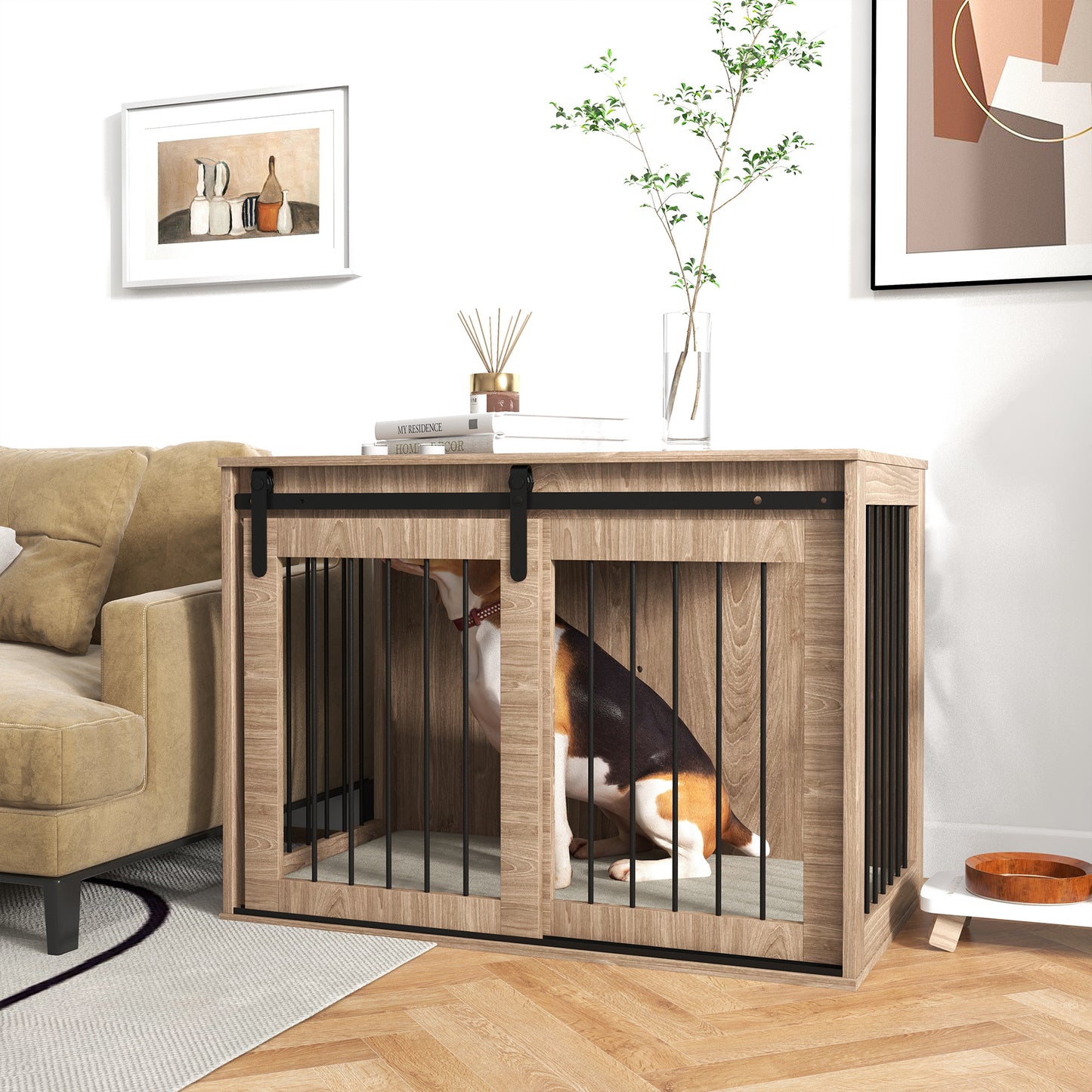 PawHut 100cm Dog Crate Furniture with Removable Cushion for Large Dogs Brown