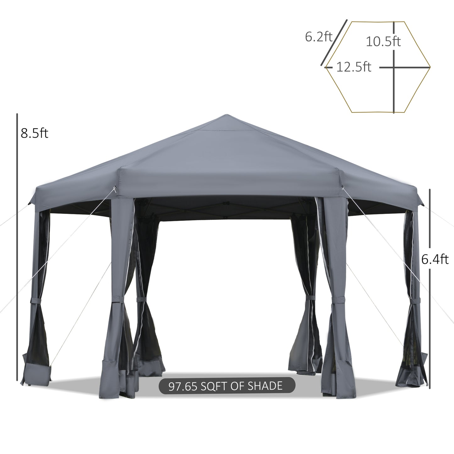 Outsunny 3.2m Pop Up Gazebo Hexagonal Canopy Tent Outdoor Mesh Sidewalls Bag Dark Grey