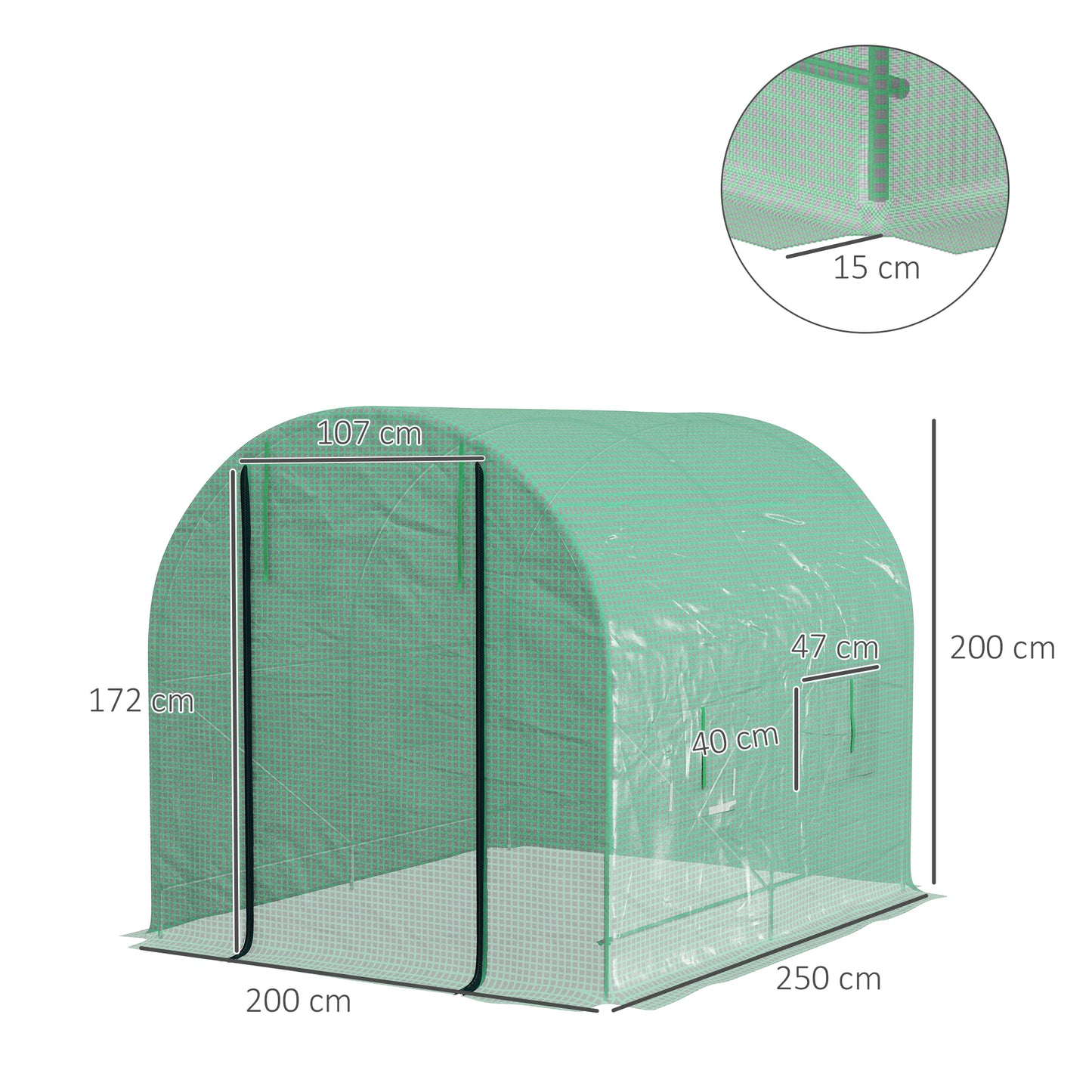 Outsunny WalkIn Garden Polytunnel Greenhouse with Steel Frame PE Cover RollUp Door and 4 Windows 2.5 x 2m Green
