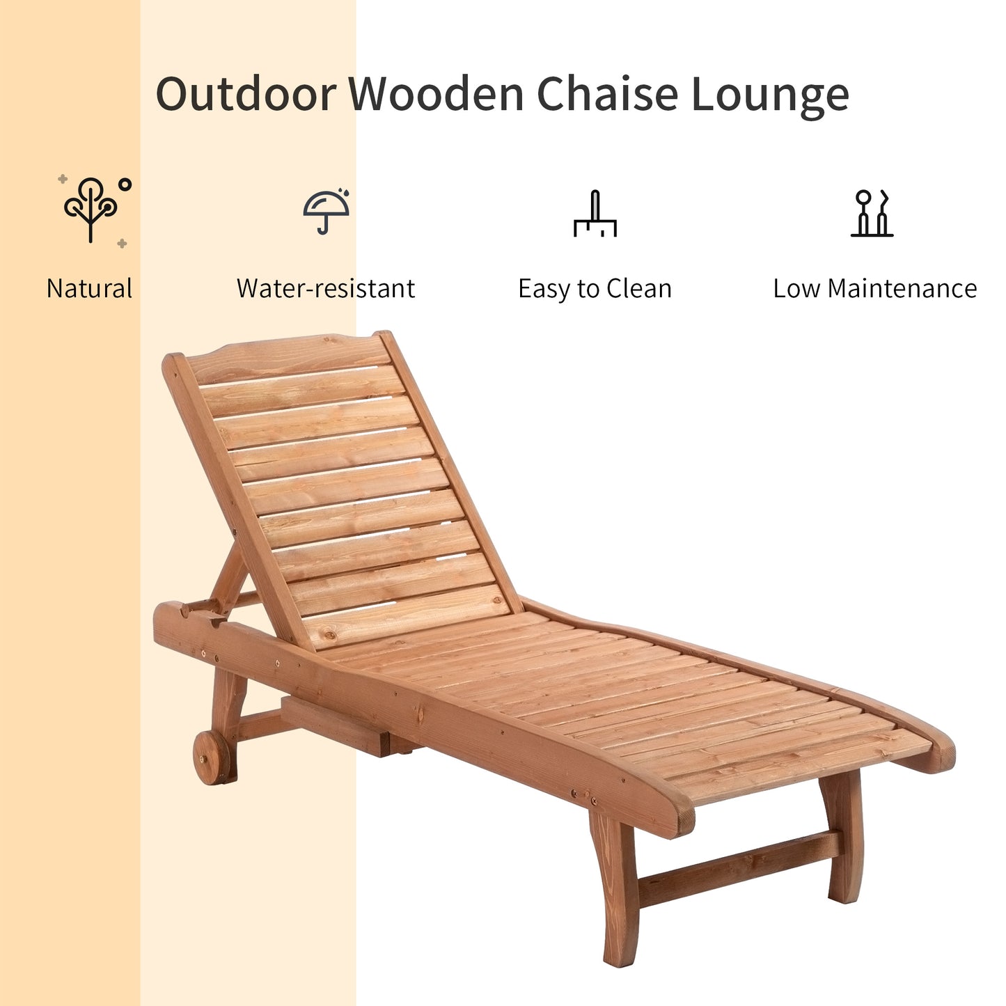 Outsunny Outdoor Wooden Lounger Chair, Sun Bed with Built-In Table, Adjustable Backrest and Wheels, Red Brown