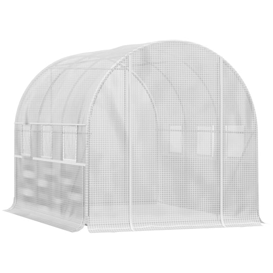 Outsunny 3 x 2 x 2m Walk-in Tunnel Greenhouse, Polytunnel Tent with PE Cover, Zippered Roll Up Door and 6 Mesh Windows, White
