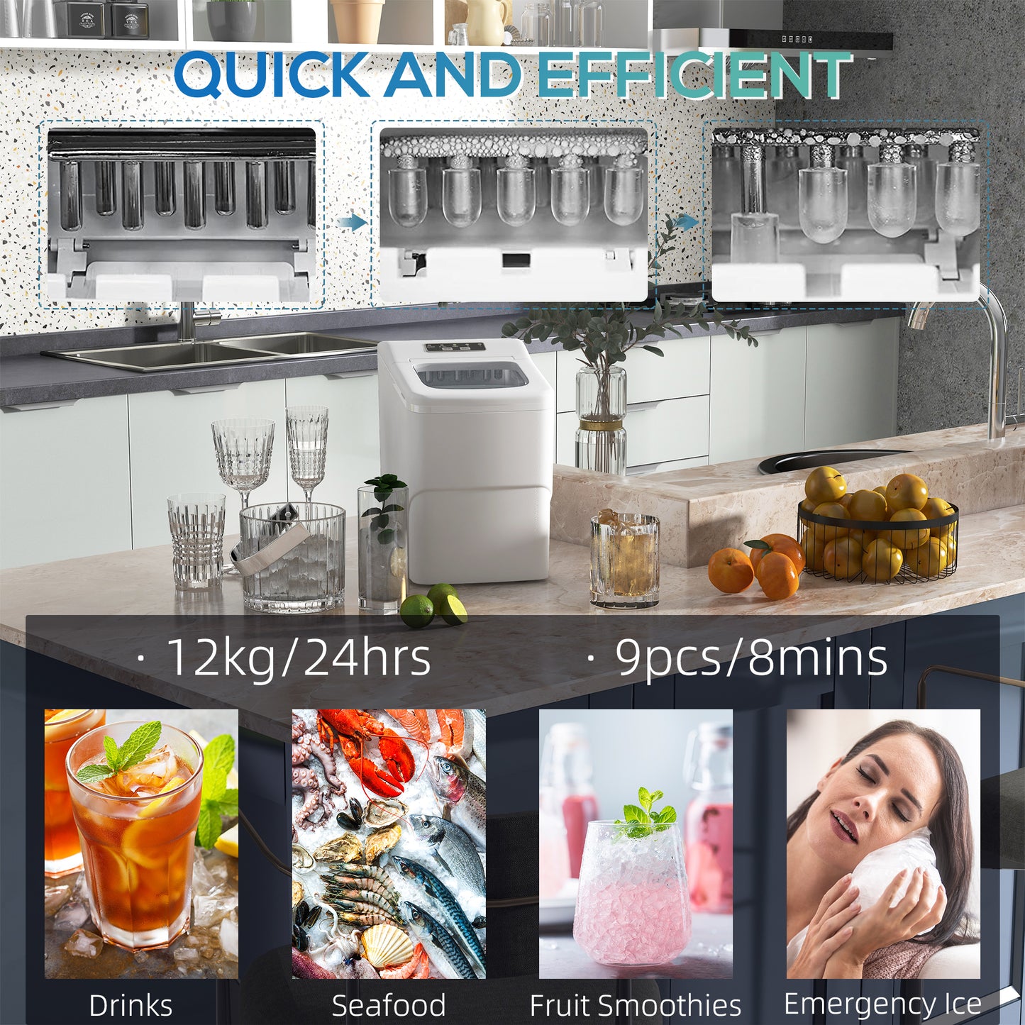 HOMCOM Ice Maker Machine, Self-Cleaning Ice Cube Maker with LCD Screen, 9 Cubes Ready in 8 Mins, 12kg in 24Hrs - White