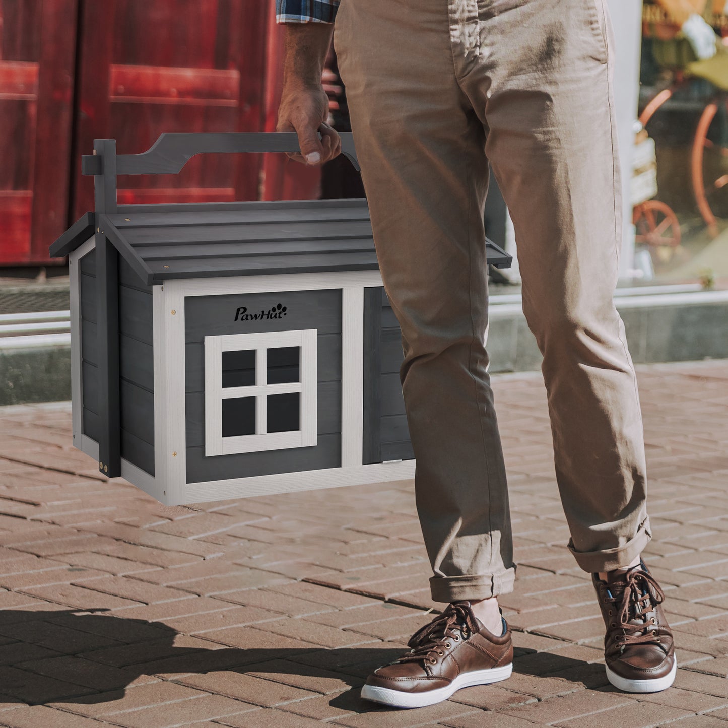 PawHut Indoor Rabbit Hutch, Portable Small Animal House Outdoor, with Top Handle, Openable Roof - Grey