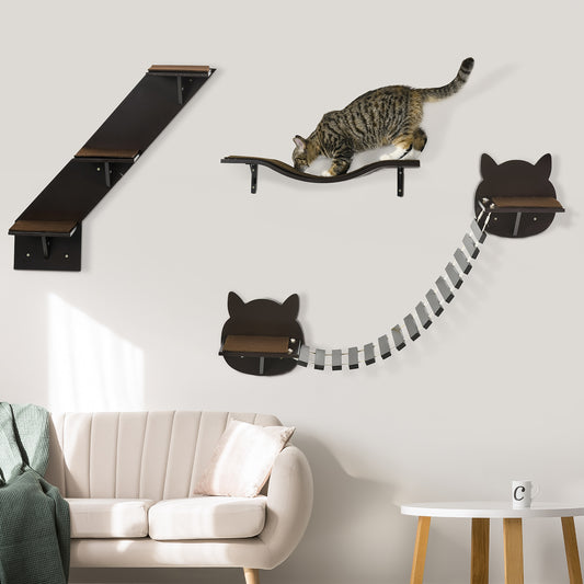 PawHut 3PCs Wall-mounted Cats Shelves, Cat Climbing Shelf Set, Kitten Activity Center with Jumping Platforms, Ladders, Coffee Brown