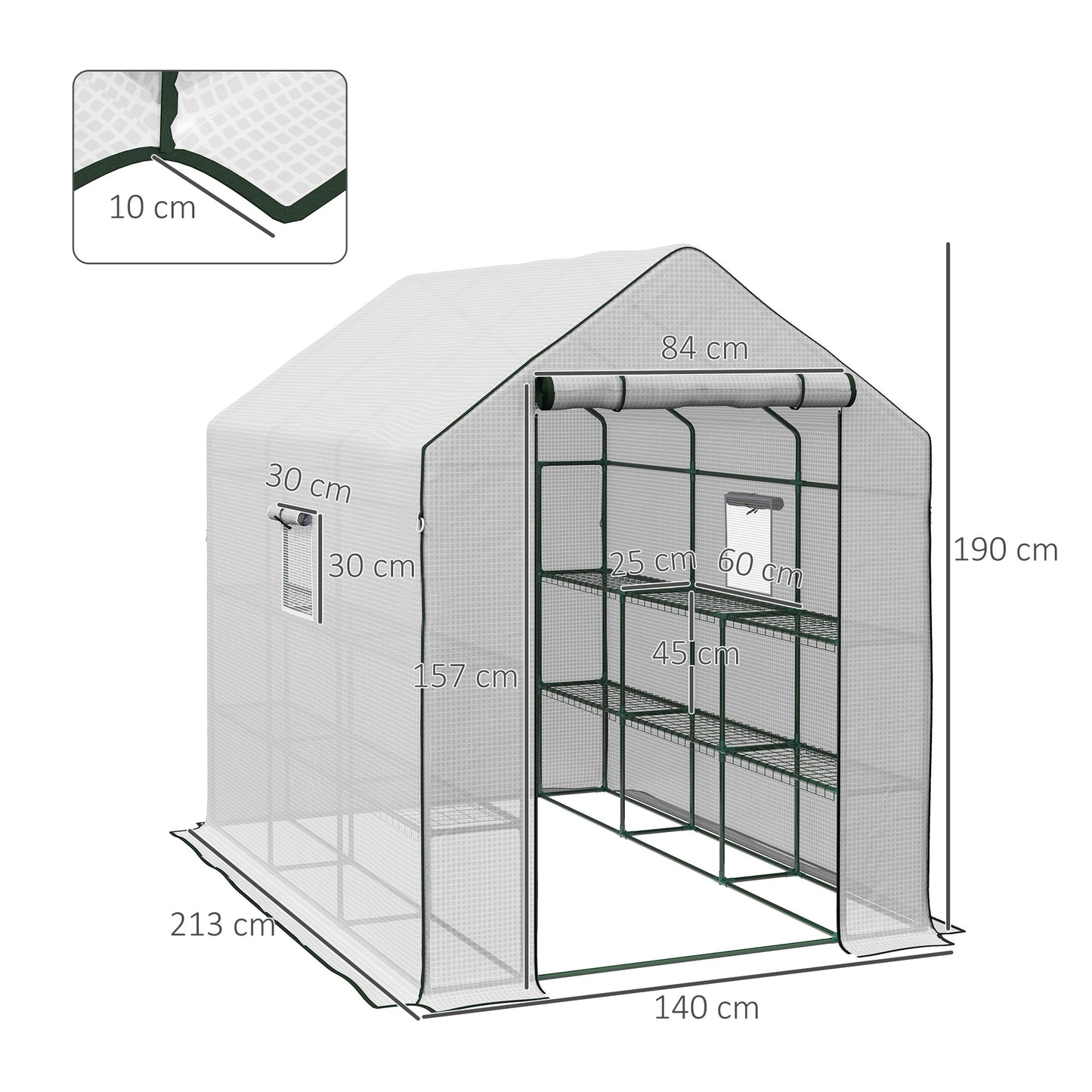 Outsunny Walkin Greenhouse with 3 Tier Shelves Outdoor Green House Garden Grow House with Reinforced PE Cover Rollup Door and Mesh Windows 140 x 213 x 190cm White