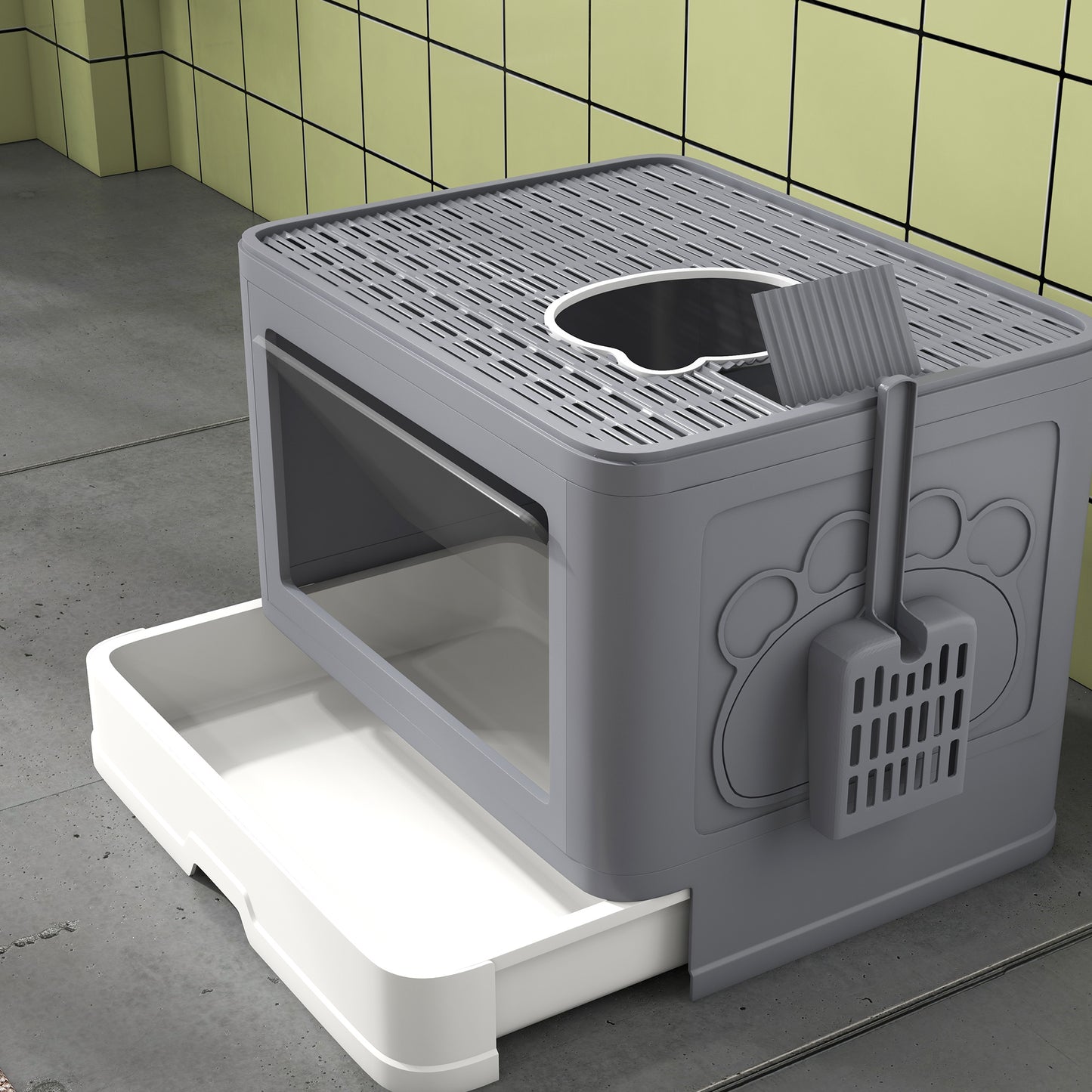 PawHut Cat Litter Box Enclosed with Lid Front Entry Top Exit Drawer Tray Scoop Brush 48.5 x 38 x 36.5cm Grey