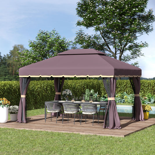 Outsunny Metal Frame Gazebo with Sides 3m x 4m Marquee W/ Sidewalls Coffee Colour Aluminium Metal Canopy Pavilion Patio Garden Party Tent Shelter with Nets and Sidewalls