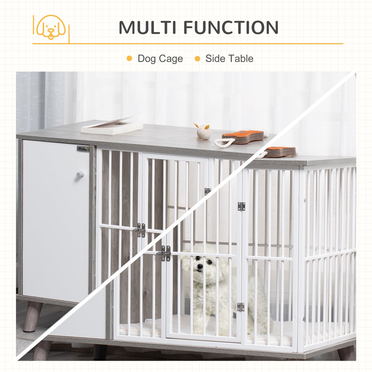 PawHut Furniture Style Dog Crate, Pet Cage Kennel End Table, Indoor Decorative Dog House, with Wooden Top, Door, for Small Dogs, Grey Dogs