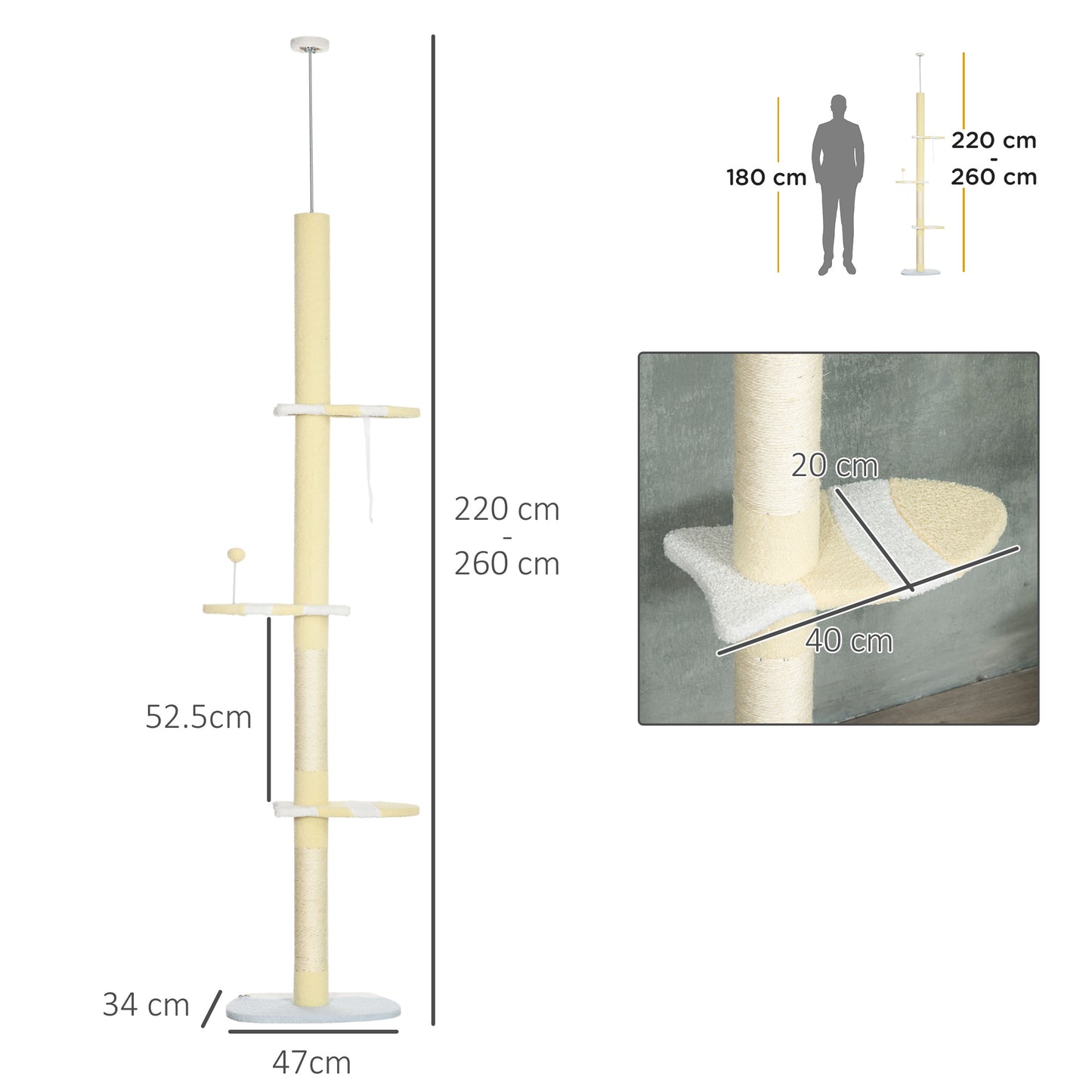 PawHut 260cm Floor to Ceiling Cat Tree, Height Adjustable Kitten Tower with Anti-slip Kit, Multi-Layer Activity Center, Yellow