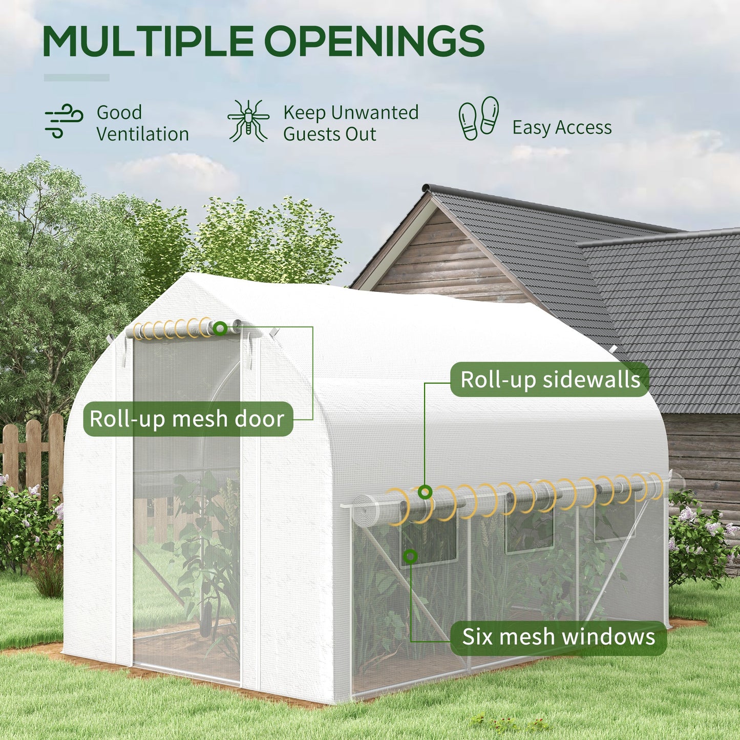 Outsunny 3 x 2(m) Walkin Polytunnel Greenhouse Zipped Roll Up Sidewalls Mesh Door 6 Mesh Windows Tunnel Warm House Tent with PE Cover Complimentary Plant Labels and Gloves White