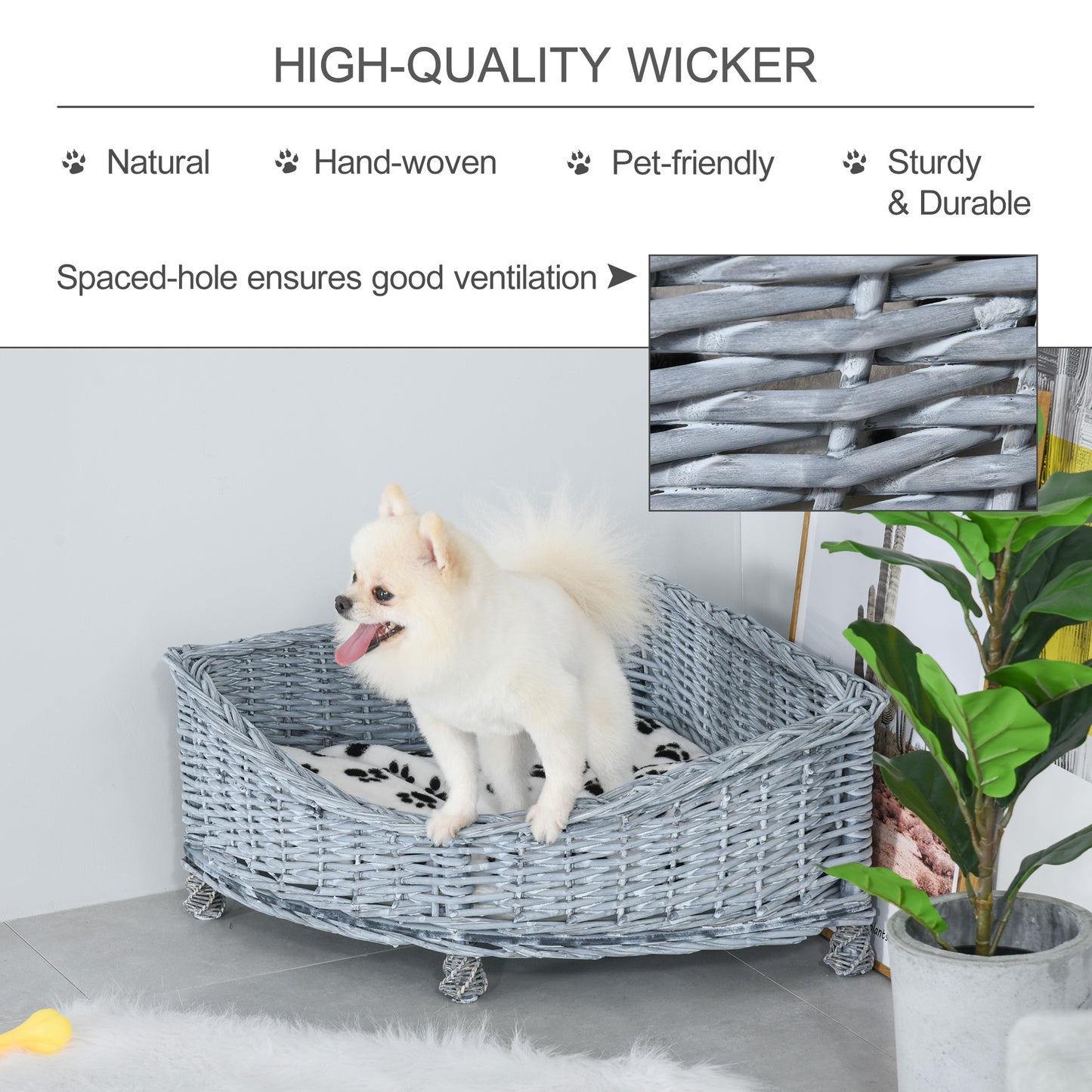 PawHut Wicker Dog Corner Basket Pet Bed Sofa Couch with Soft Plush Cushion Elevated Base Grey w/