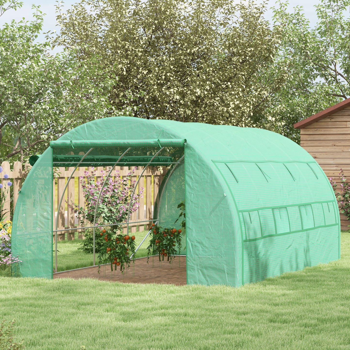 Outsunny Polytunnel Greenhouse Walkin Grow House Tent with Rollup Sidewalls Zipped Door and 8 Windows 4x3x2m Green