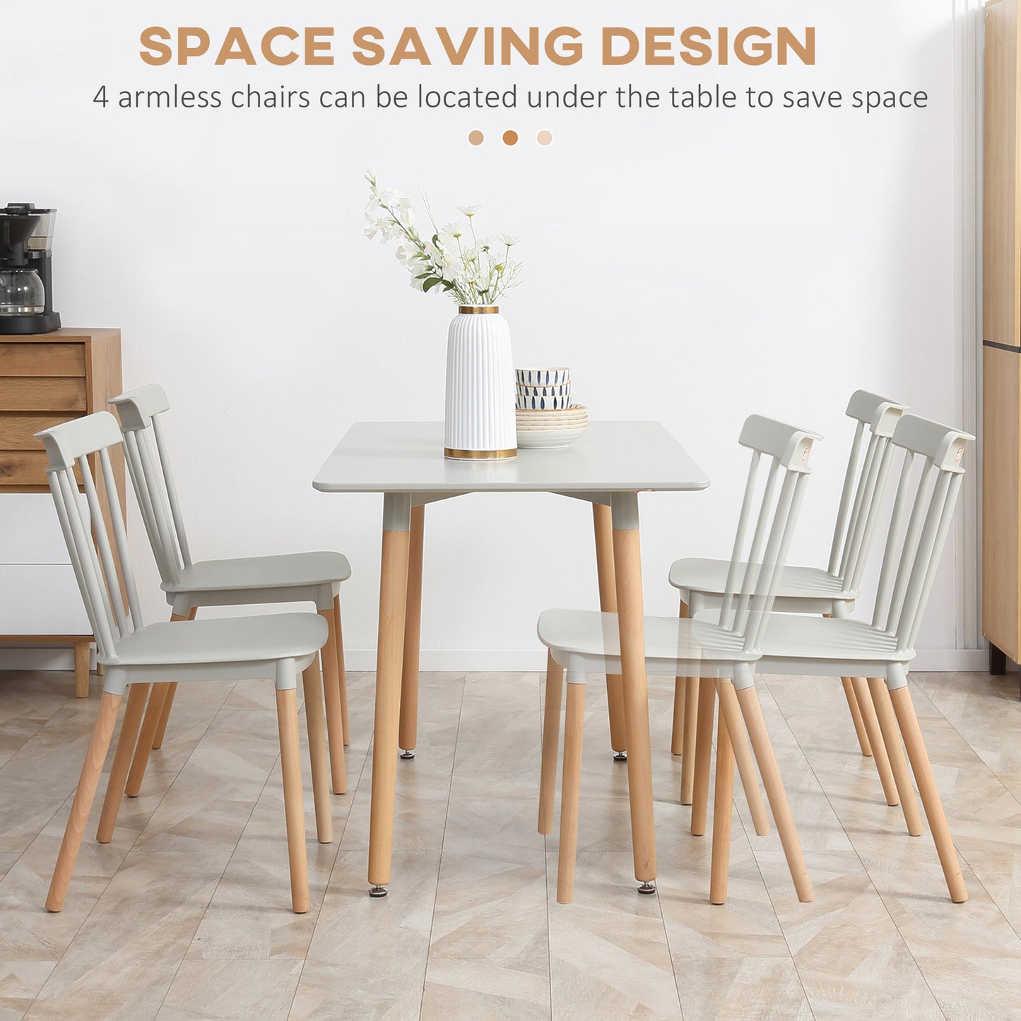 HOMCOM 5 Piece Dining Table Set with Beech Wood Legs Space Saving Table and 4 Chairs for Small Kitchens Grey