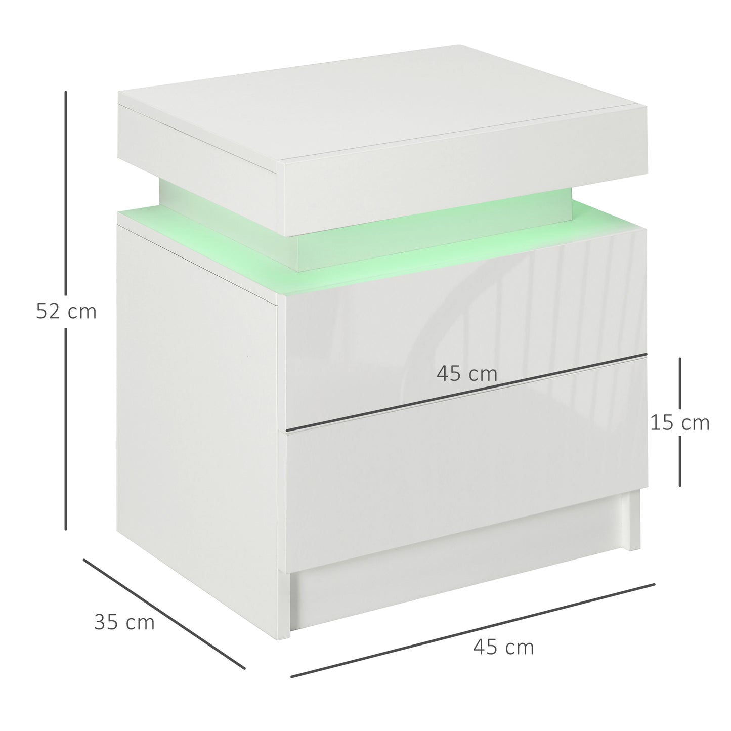 HOMCOM Futuristic LED Light Bedside Table, with Two Drawers - High Gloss White