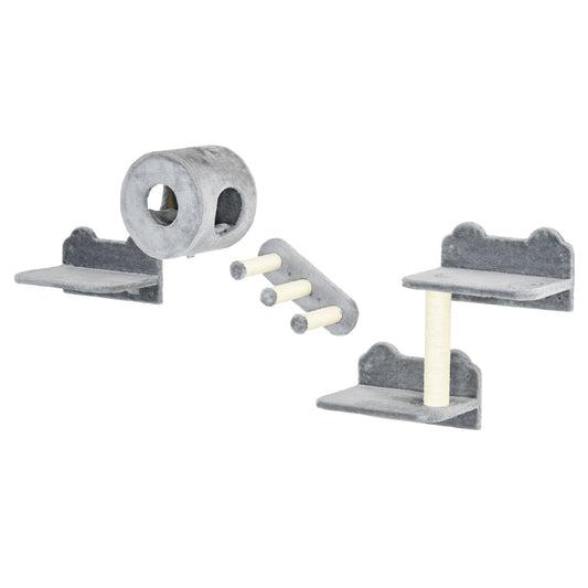 PawHut Four-Piece Wall-Mounted Cat Tree, with Steps, Perch, Cat House - Grey