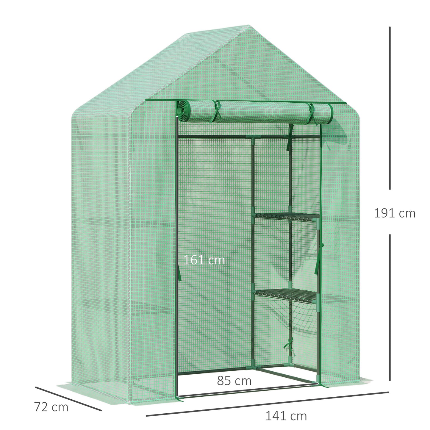 Outsunny Walk In Greenhouse for Outdoor, Portable Gardening Plant Grow House with 2 Tier Shelf, Roll-Up Zippered Door, PE Cover, 141x72x191cm, Green