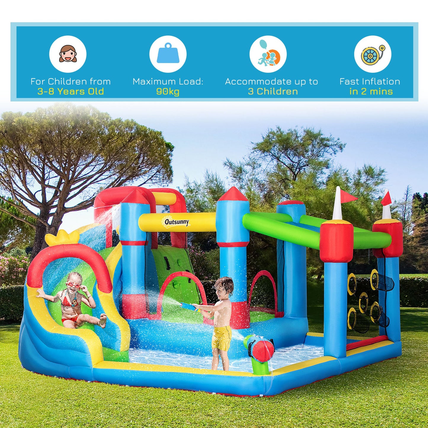 Outsunny 5 in 1 Kids Bounce Castle Large Castle Style Inflatable House Slide Trampoline Pool Water Gun Climbing Wall