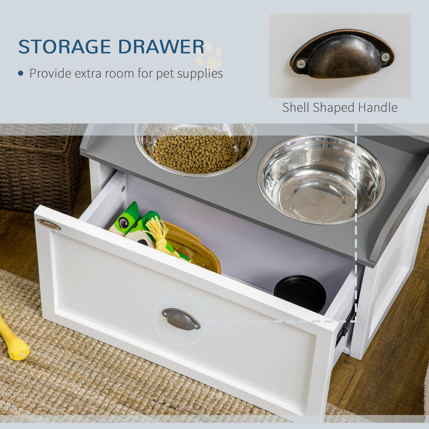 PawHut Stainless Steel Raised Dog Bowls, with 21L Storage Drawer for Large Dogs and Cats - White